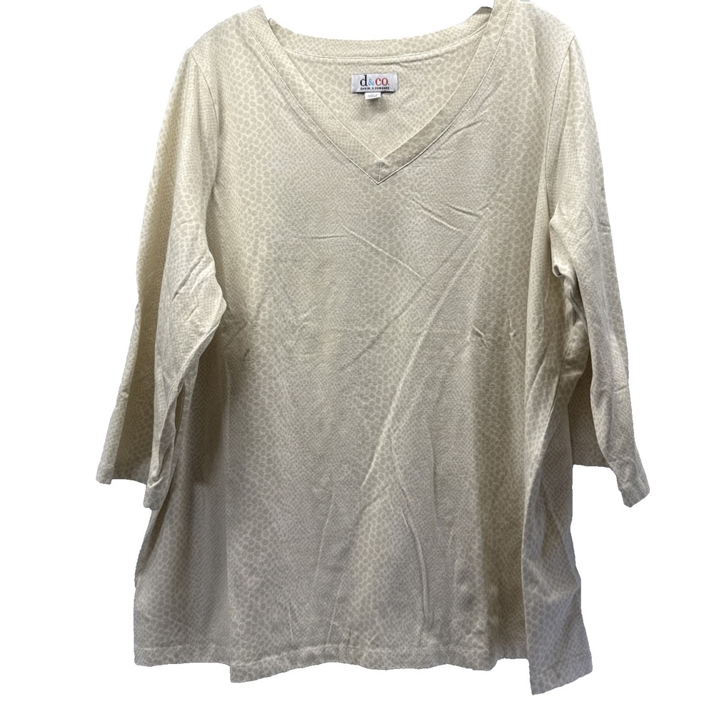 Denim & Co Womens Top 1X Plus Ivory Tan V Neck 3/4 Sleeve Cotton Blend A10856
